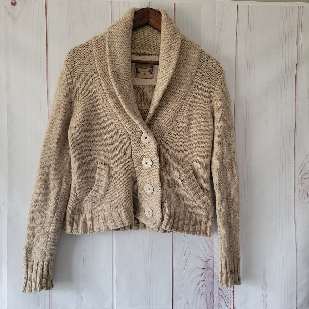 RuffHewn Lambs Wool Button Up Cardigan Sweater, Women’s M, Tan, Long Sleeve EUC